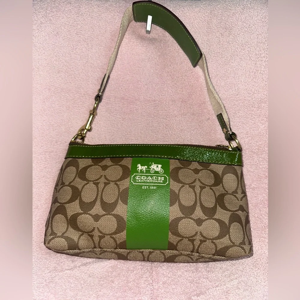 Coach Signature Canvas Shoulder Bag with Green Trim - Picture 3 of 5